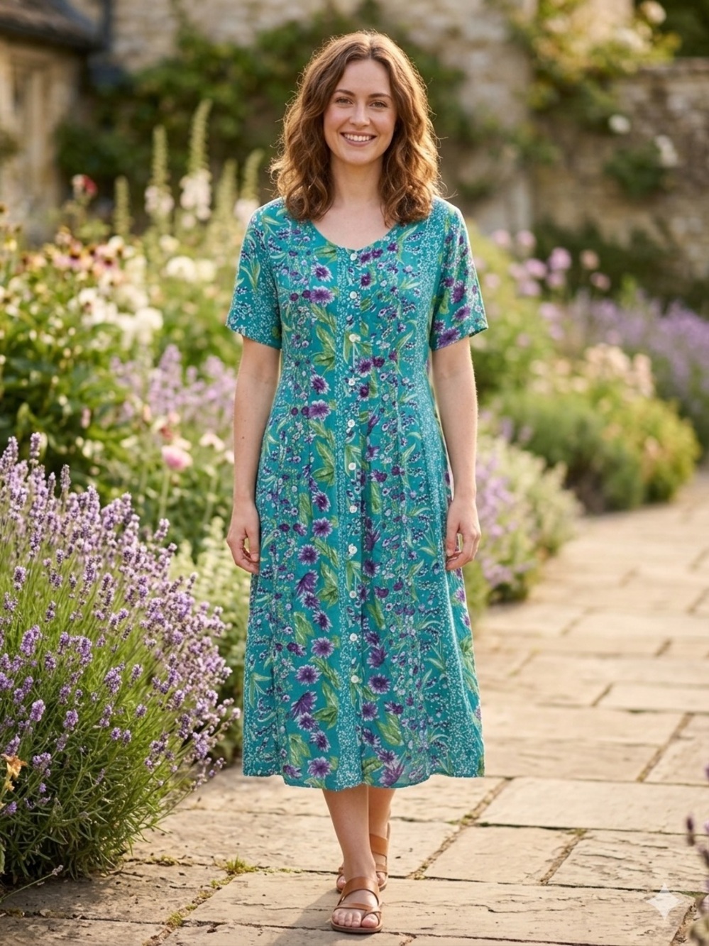 La Cera The Vermont Country Store Floral Midi Dress L Teal Purple Rayon 90s